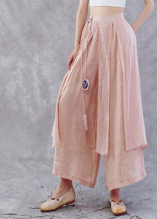 Pink Tie Waistasymmetrical Linen Wide Leg Pants Spring