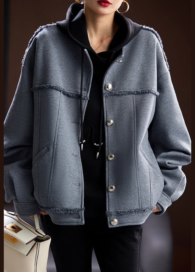 Grey O Neck Button Patchwork Cotton Coat Spring