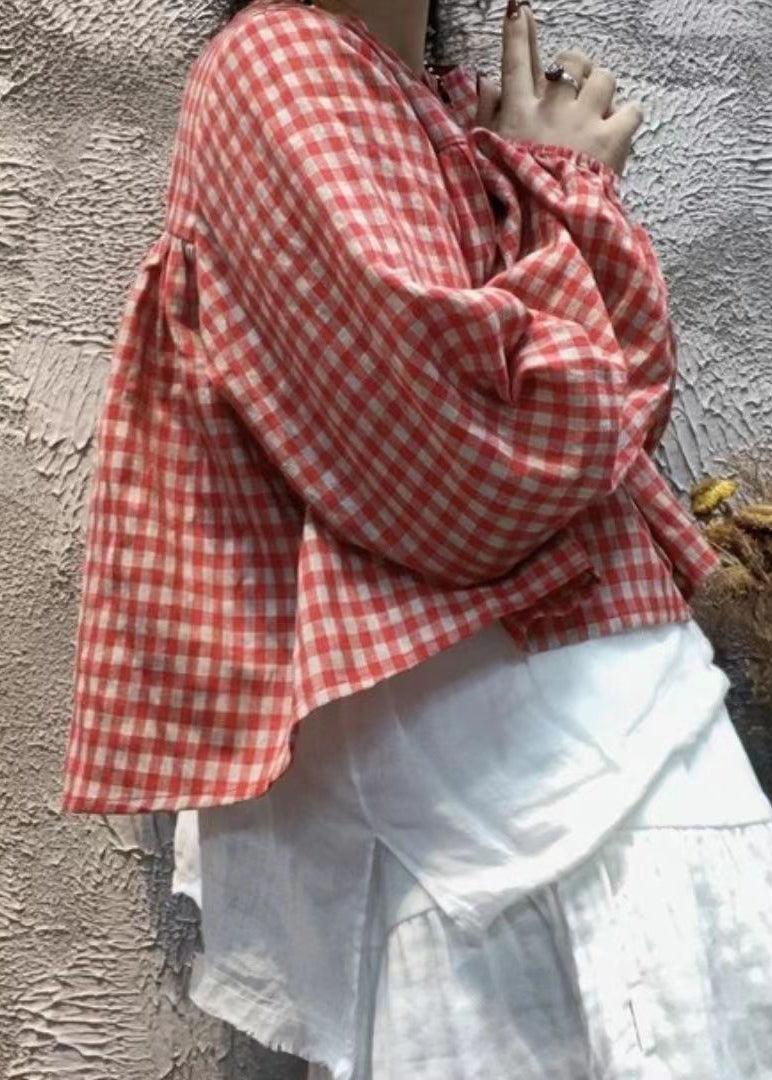 Red Plaid O-neck Button Cotton Shirt Top Long Sleeve