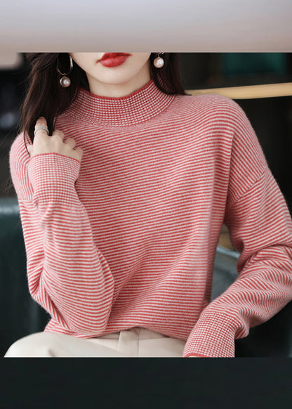 Black Turtleneck Striped Patchwork Woolen Knit Top Long Sleeve