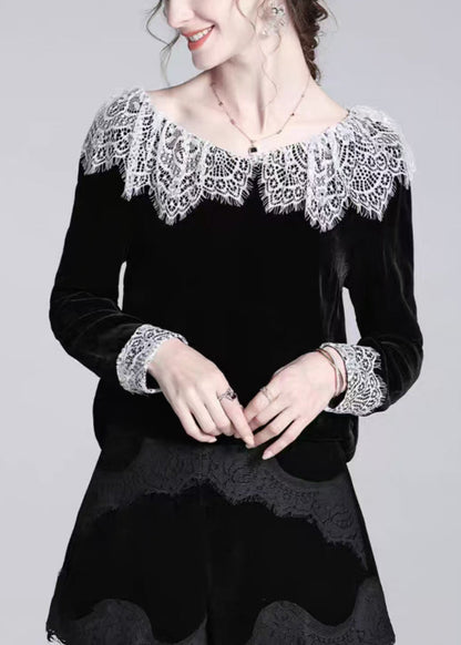 Black Lace Patchwork Silk Velour T Shirt Winter