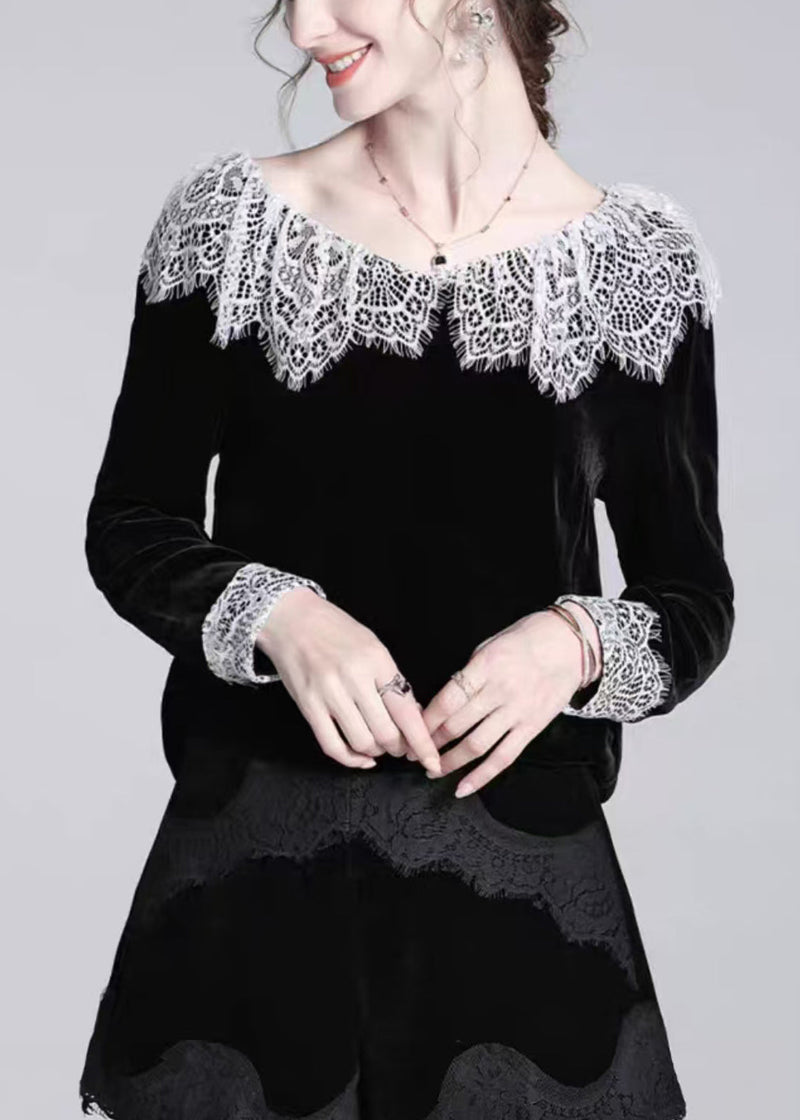 Black Lace Patchwork Silk Velour T Shirt Winter