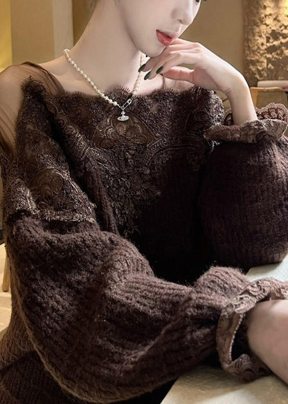 Diy Brown Oversized Lace Patchwork Knit Pullover Winter