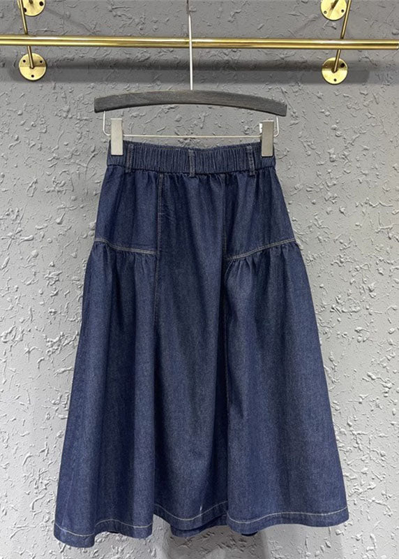 Loose Denim Blue Patchwork Button Elastic Waist a Line Skirt Summer