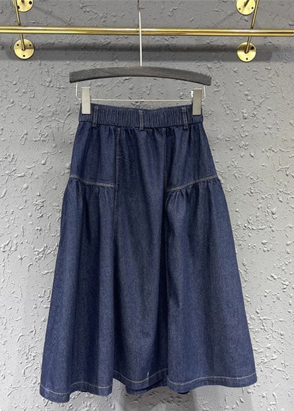 Loose Denim Blue Patchwork Button Elastic Waist a Line Skirt Summer