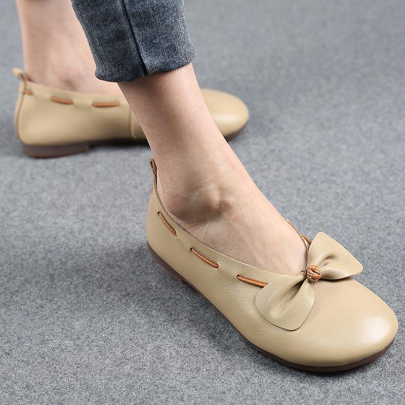 Chocolate Bow Cowhide Flat Shoes for