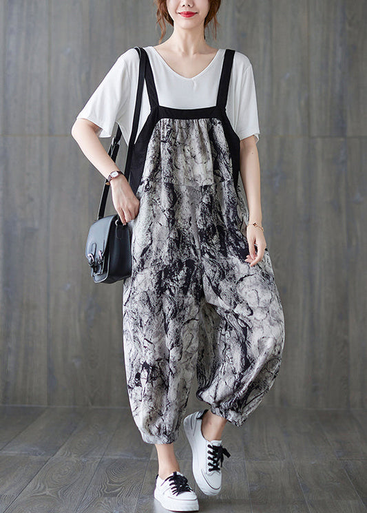 Art Ink Printing Pocket Patchwork Lantern Pant Strap Jumpsuit Spring