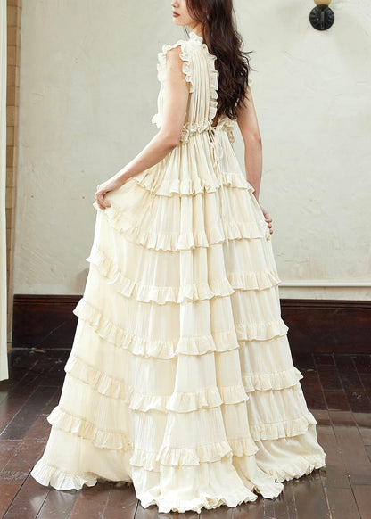 Art Beige Backless Ruffled Lace Up Cotton Long Dress Sleeveless