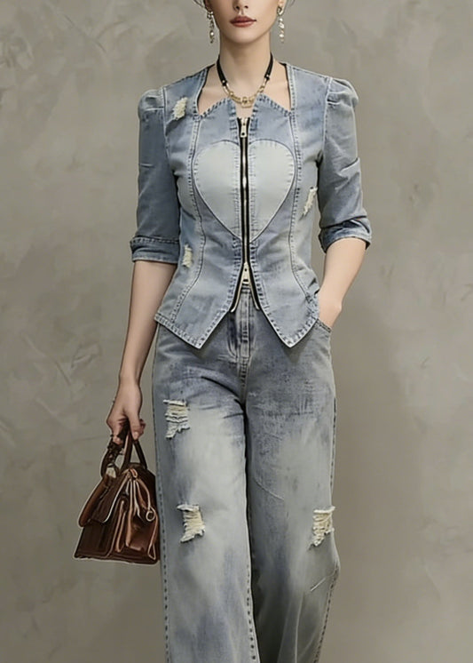 Blue Zip Up Patchwork Ripped Denim Two Pieces Set Spring