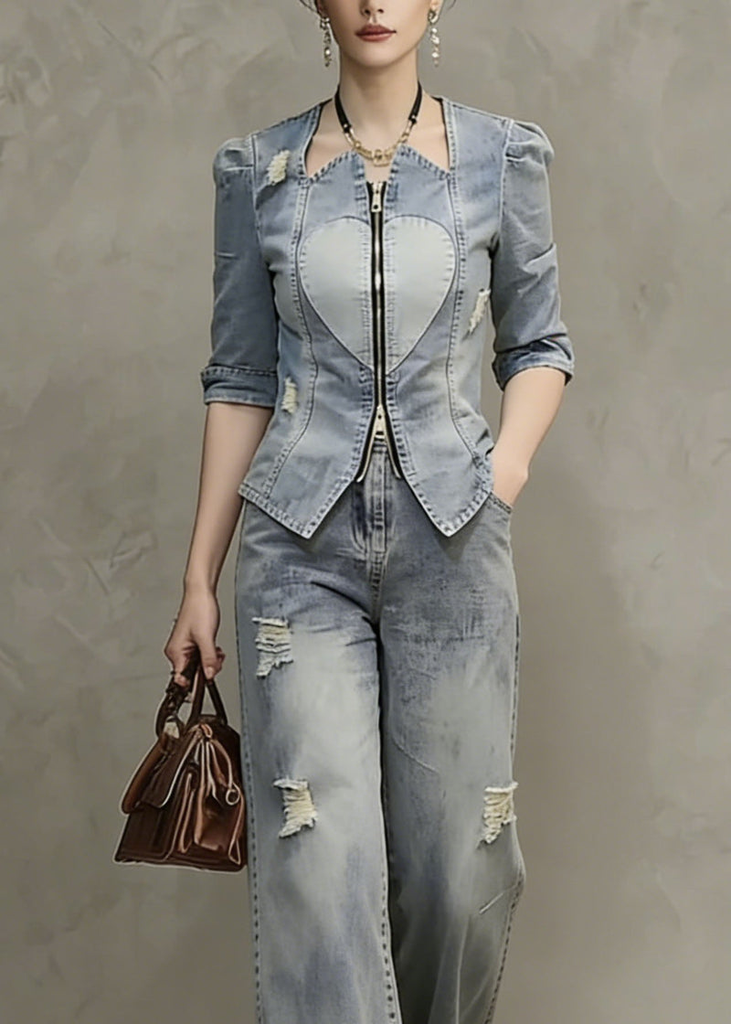 Blue Zip Up Patchwork Ripped Denim Two Pieces Set Spring
