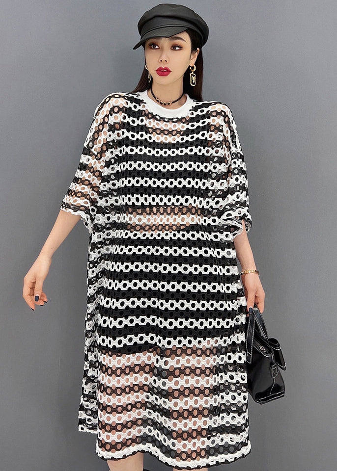 Grey O-neck Striped Print Hollow Out Tulle Vogue Dress Half Sleeve
