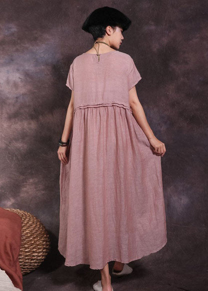 Pink O-neck Pockets Cotton Dress Short Sleeve