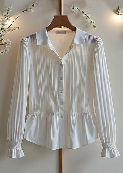 Classy White Button Wrinkled Cotton Blouses Spring