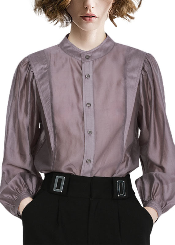 Grey Purple Peter Pan Collar Patchwork Shirt Tops Long Sleeve