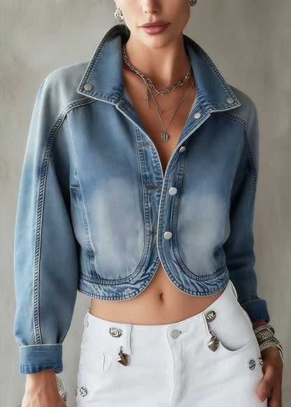 Blue Stand Collar Button Patchwork Denim Coat Spring