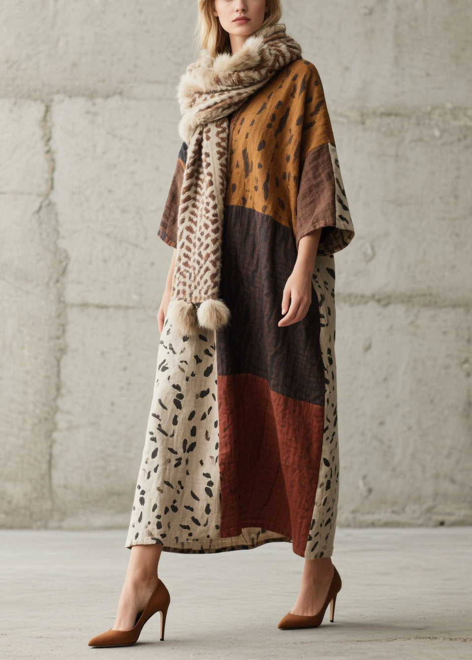 Colorblock Oversized Print Cotton Dress Bracelet Sleeve