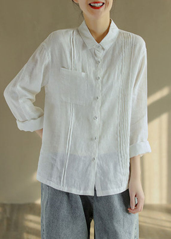 French White Wrinkled Peter Pan Collar Linen Blouse Top Long Sleeve