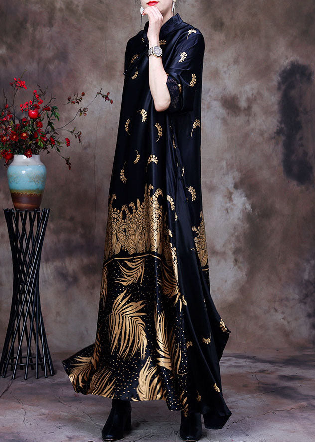 Black Mandarin Collar Print Silk Long Dress Gown Long Sleeve