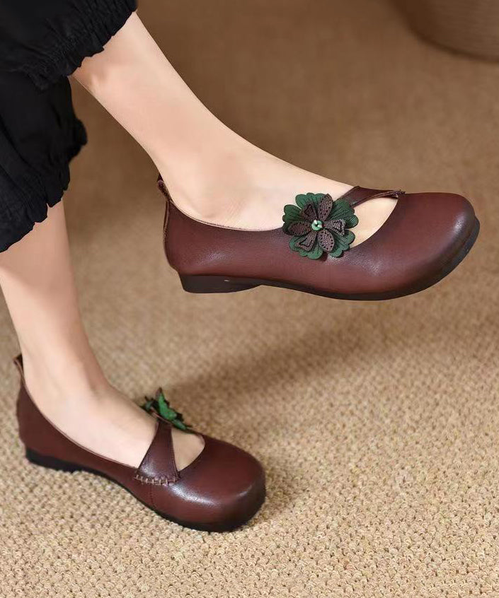 Comfortable Cowhide Leather Splicing Green Flat Shoes for