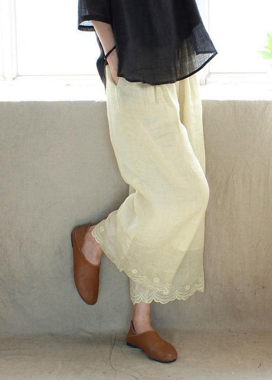 Light Yellow Embroidery Trousers Thin Summer Elastic Waist Wardrobes Pants