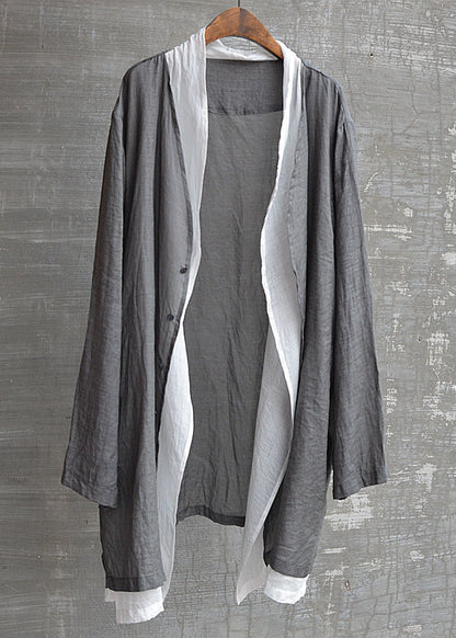 Handmade Black Patchwork Button Fake Two Pieces Linen Shirts Long Sleeve