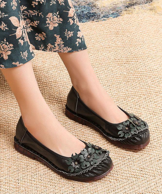 Black Cowhide Leather Flats Splicing Flat Feet Shoes