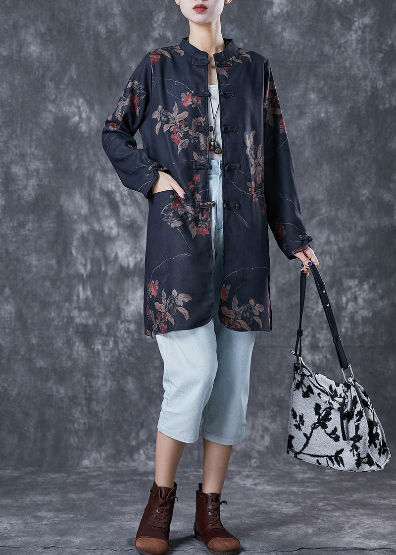 Black Tie Dye Chinese Button Linen Blouses Fall