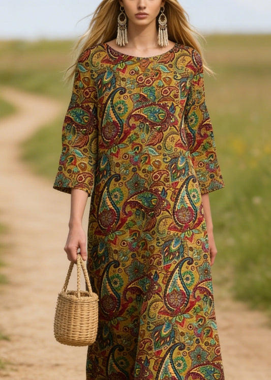 O Neck Print Cotton Long Dresses Summer