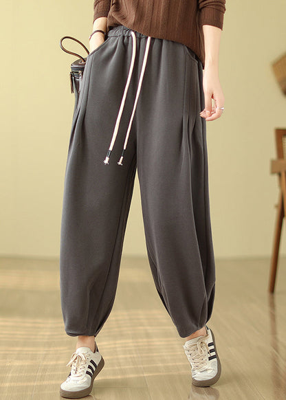 Grey Pockets Elastic Waist Warm Fleece Pants Winter