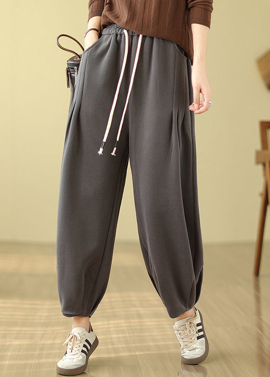 Grey Pockets Elastic Waist Warm Fleece Pants Winter