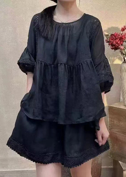 Loose Black O Neck Pockets Cotton Two Piece Set Half Sleeve