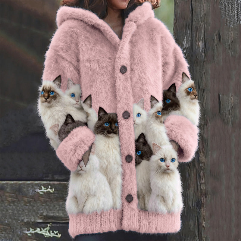 Wool Cardigan with Black and White Cats Print