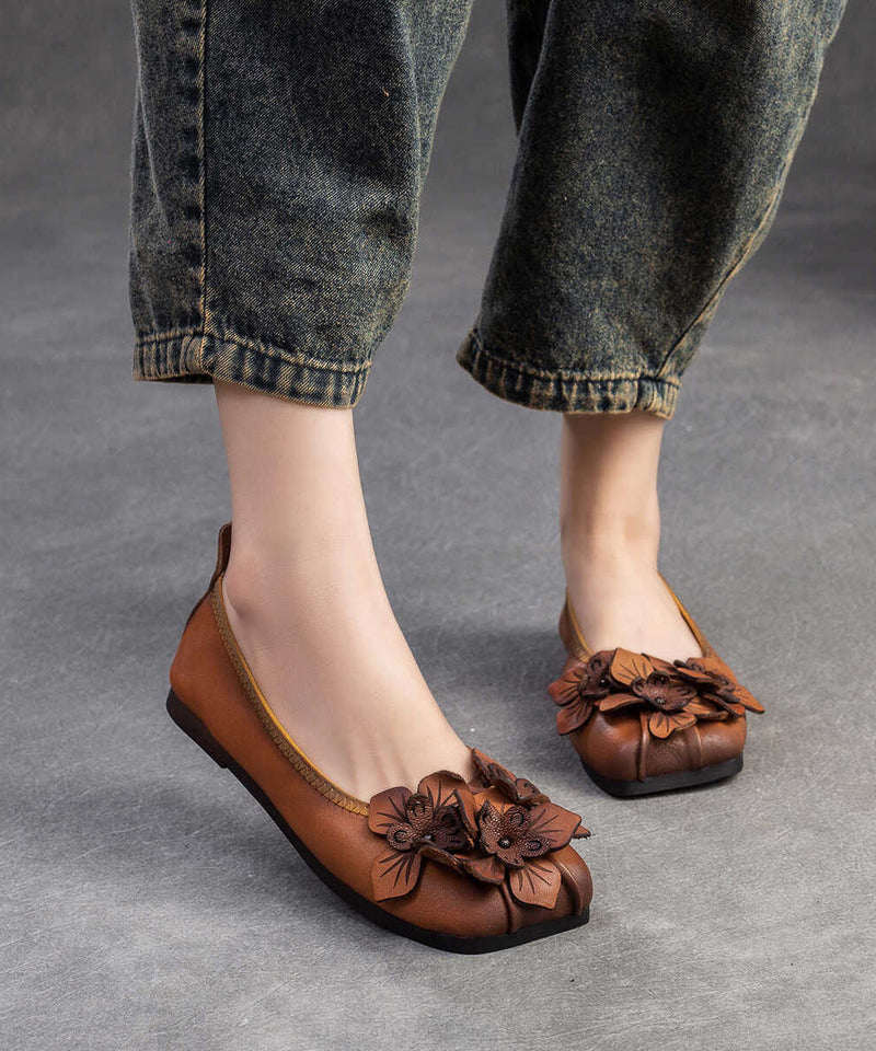 Brown Flat Shoes Cowhide Leather Retro Splicing