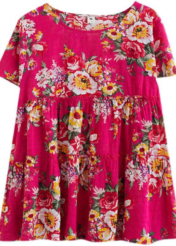Rose Print Cinched Cotton Linen Blouses Summer