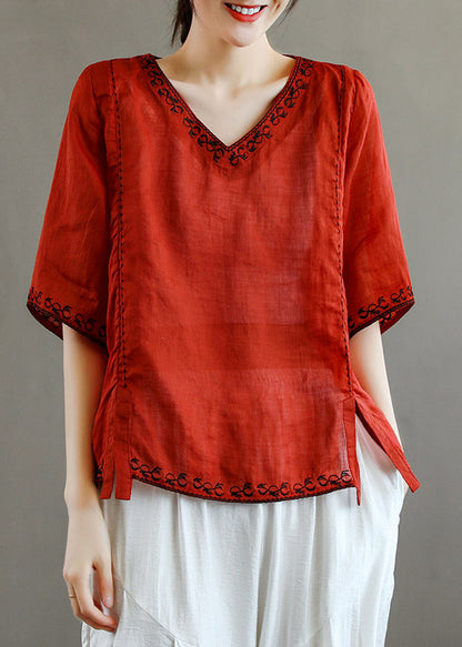 Stylish Purple V Neck Embroideried Linen T Shirt Half Sleeve