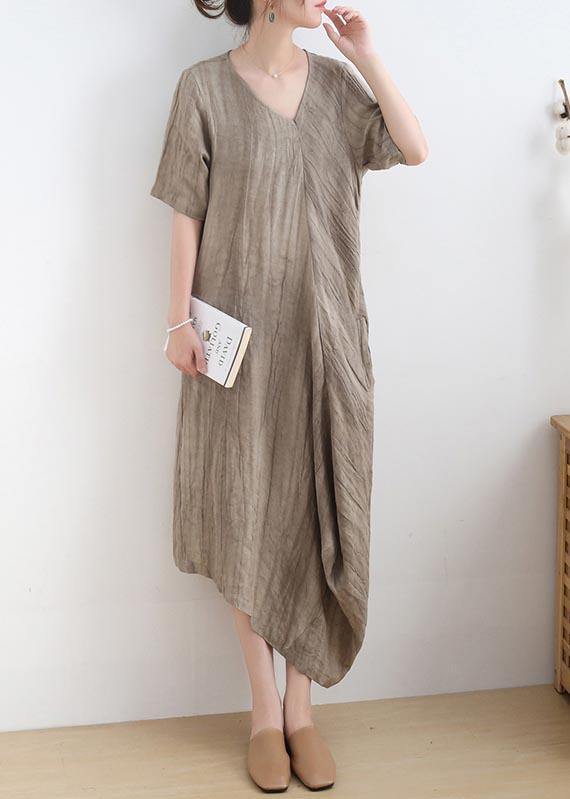 Diy Khaki Asymmetrical Design V Neck Long Summer Linen Dress