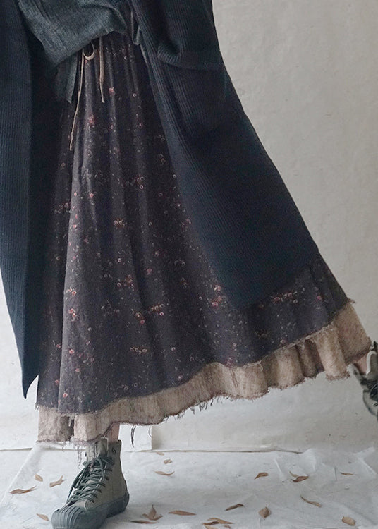 Black Elastic Waist Drawstring Print a Line Skirt Spring