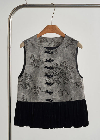 Grey Print Patchwork Silk Velour Vests Fall
