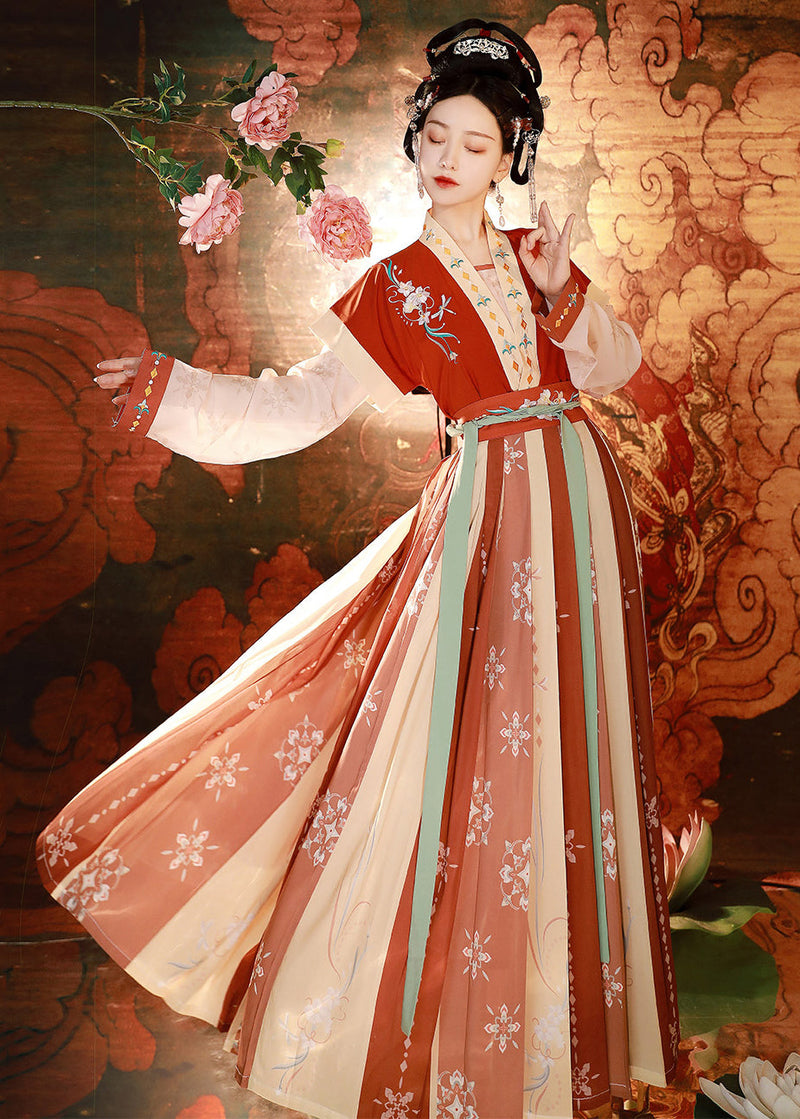 Red Embroideried Tops and Pleated Skirt Patchwork Two Pieces Set Fall