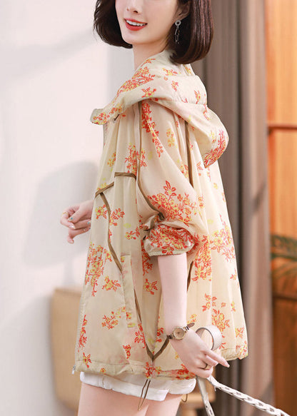 Beige Print Pockets Hoodie Upf 50+ Coat Jacket Spring