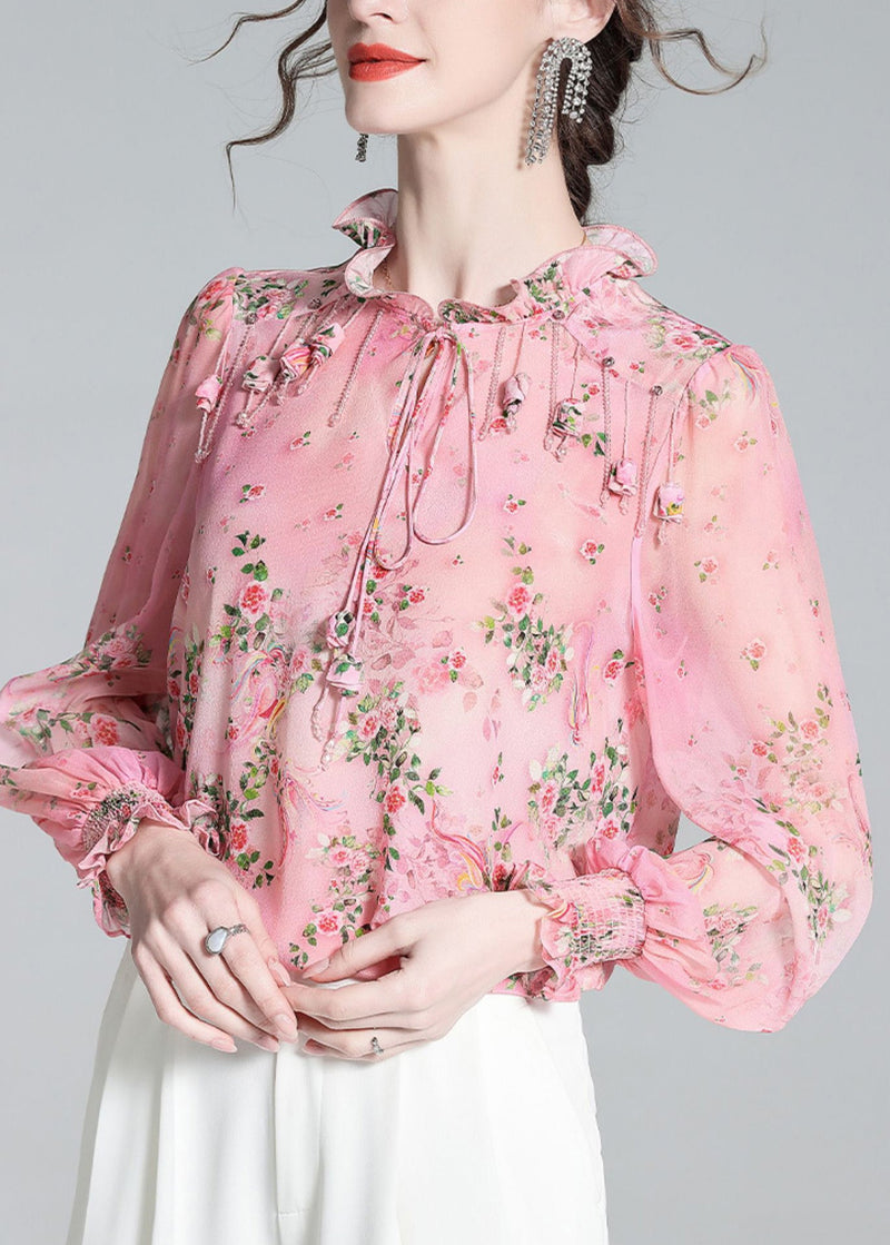 Pink Ruffled Print Tassel Neck Tiie Silk Shirt Long Sleeve Spring