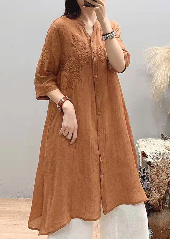 Orange Embroideried Linen Long Shirt Asymmetrical Design Three Quarter Sleeve