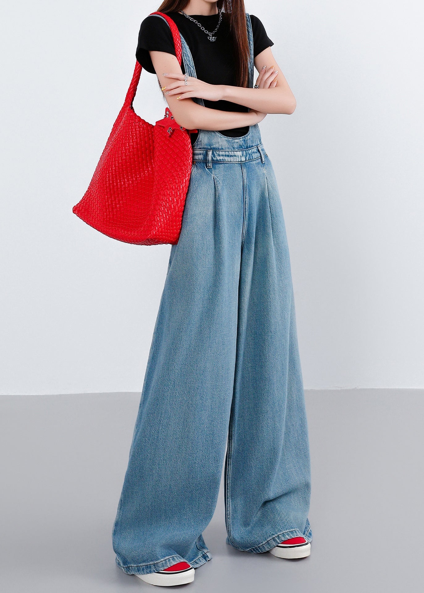 Blue Pockets Patchwork Denim Wide Leg Jumpsuit Fall