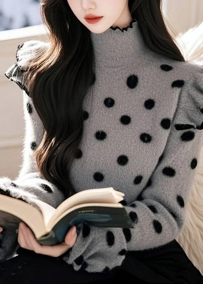 Grey Ruffled Patchwork Knitted Sweaters Tops Spring