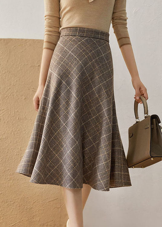 Khaki High Waist Plaid Romantic Fall Woolen Skirt