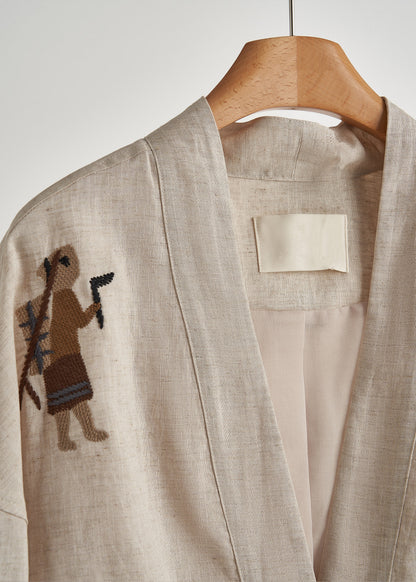 Beige Embroidered Oversized Linen Coat Fall