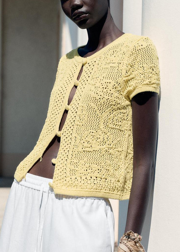 Yellow Button Hollow Out Knit T Shirt Summer