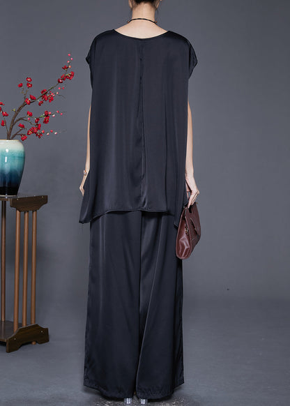 Black Oversized Draping Ice Silk Two Pieces Set Sleeveless