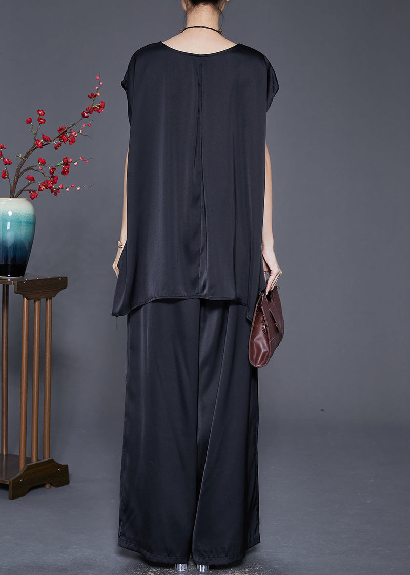 Black Oversized Draping Ice Silk Two Pieces Set Sleeveless