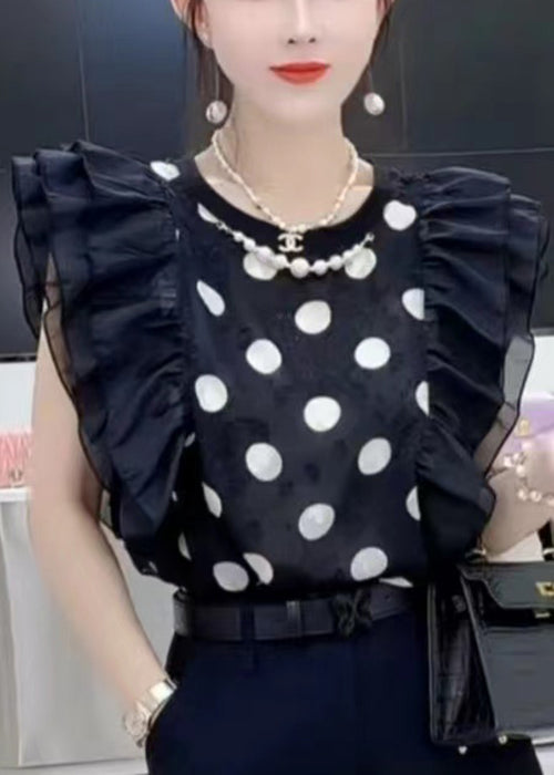 New Black O-neck Ruffled Print Chiffon Tops Summer